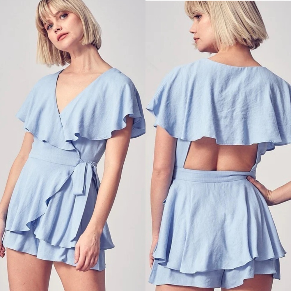 DO + BE Wrap Tie-Up Ruffle Open Back Romper, Periwinkle Blue, Size Medium